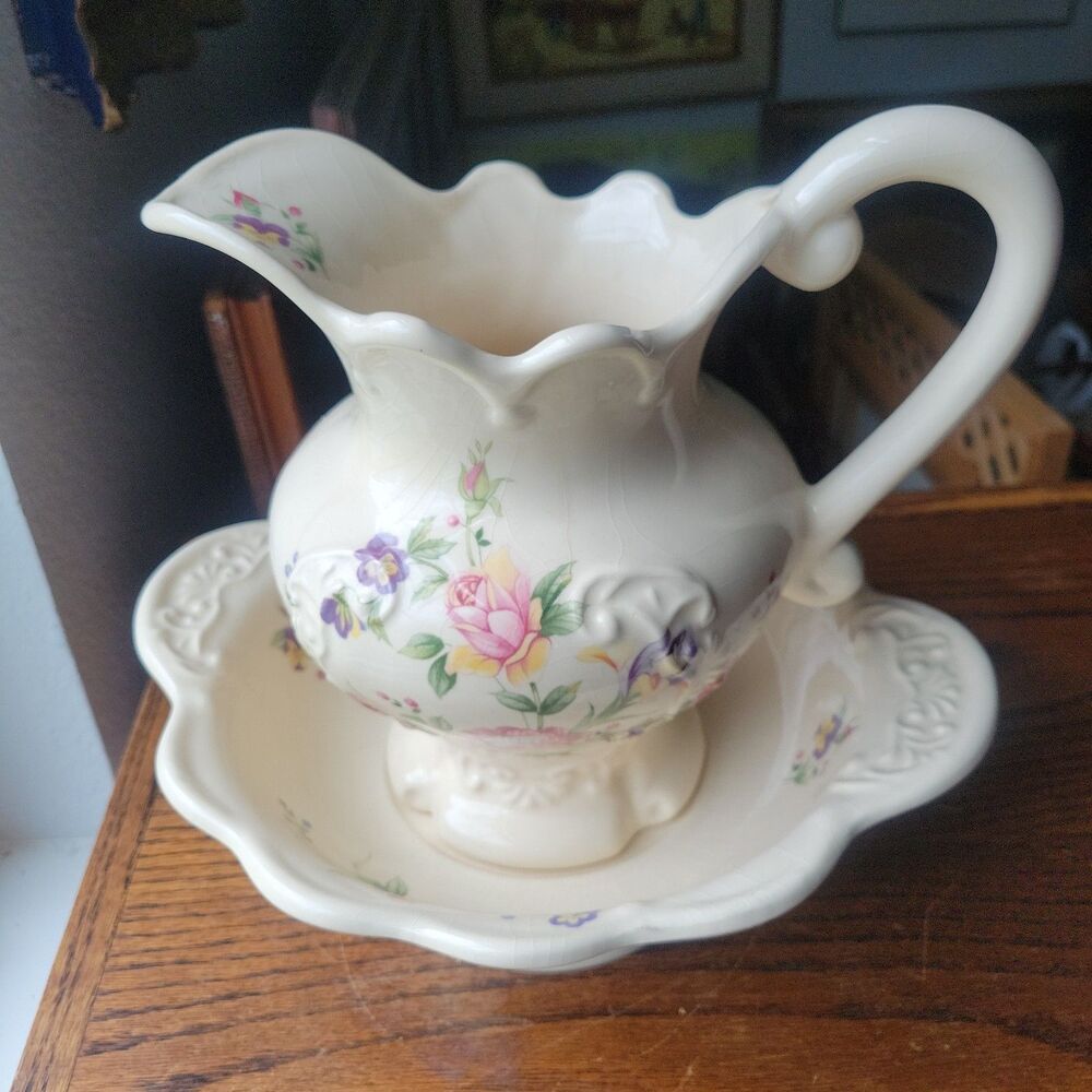 Vtg 1930s British Ceramic Pitcher & Wash Basin Bowl Set Floral Rose Art Deco Era - Picture 2 of 16